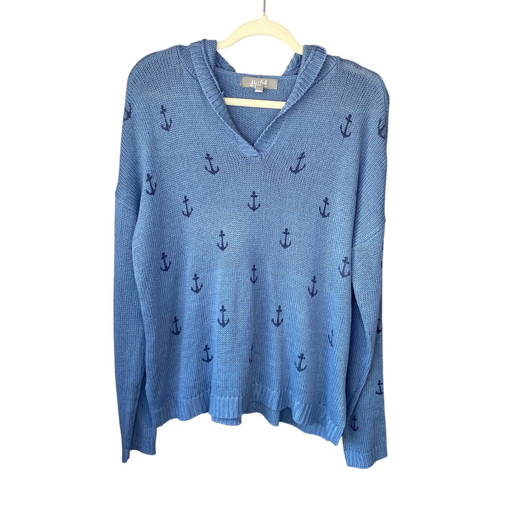 Marled Reunited Clothing Blue Anchor Knit Hoodie Pullover Sweater XL